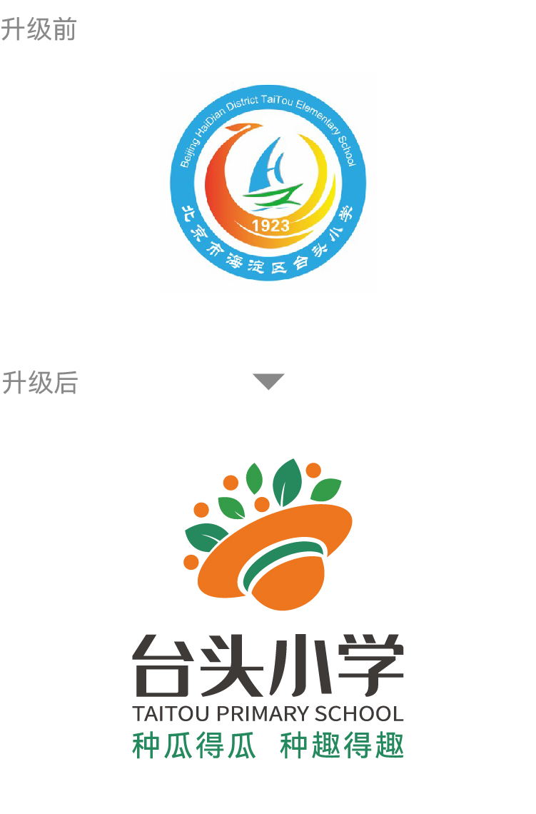 台头小学校徽升级前后对比 锦连环设计 绿色嫩芽种趣标志