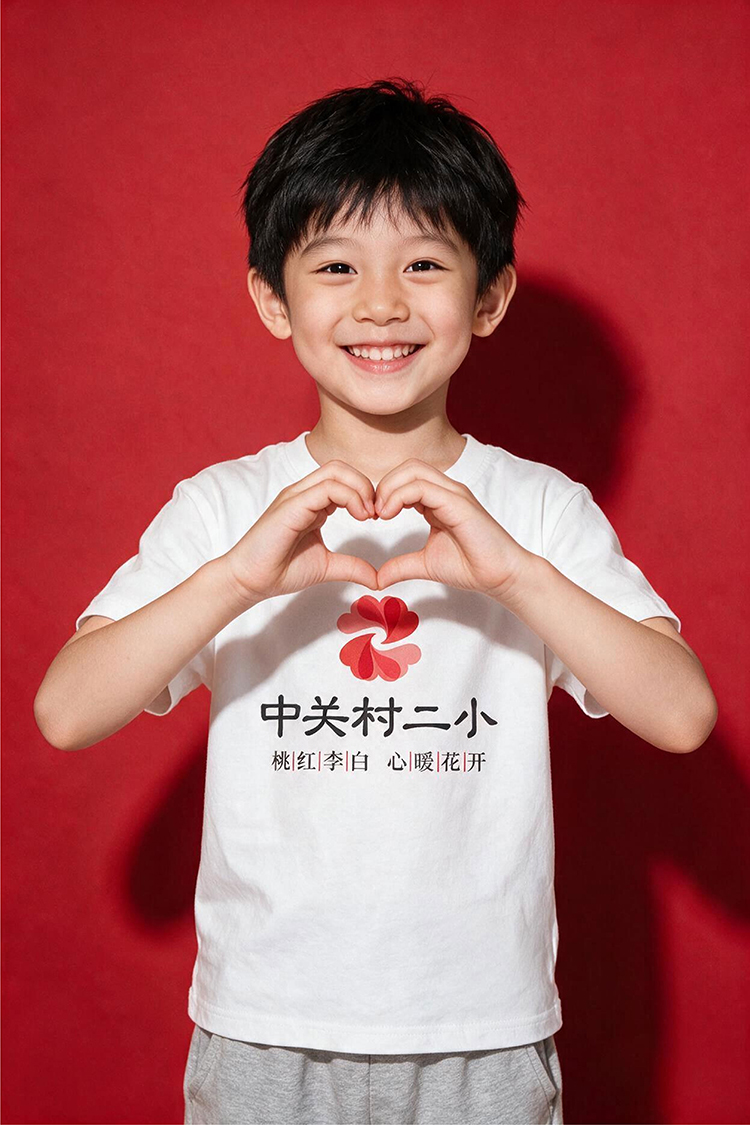 身穿中关村二小文化衫的学生以双手比心