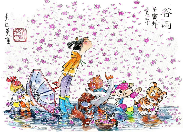 吴冠英中国风人物插画作品 落樱缤纷