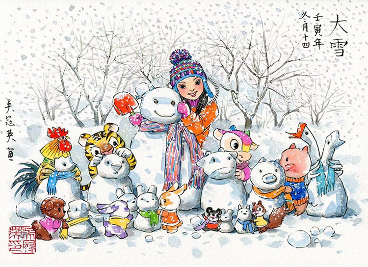 吴冠英中国风插画作品 大雪冬日
