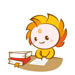 金色鬃毛吉祥物趴在书本前认真读书的卡通形象，校园学习场景IP表情包设计