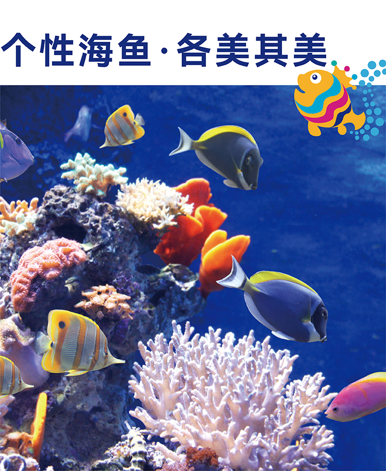 个性海鱼各美其美主题图，珊瑚礁热带鱼画面寓意，厦门英才学校品牌元素设计