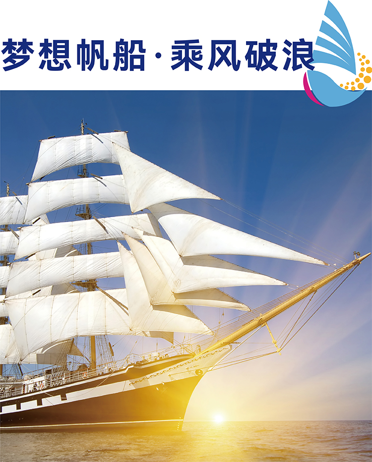 梦想帆船乘风破浪主题图，夕阳下扬帆大船画面寓意，厦门英才学校品牌元素设计