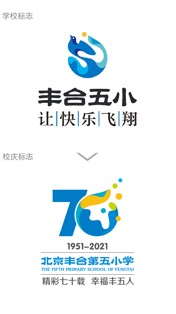 北京丰台五小蓝色校徽与70周年校庆logo，让快乐飞翔主题，校庆视觉设计