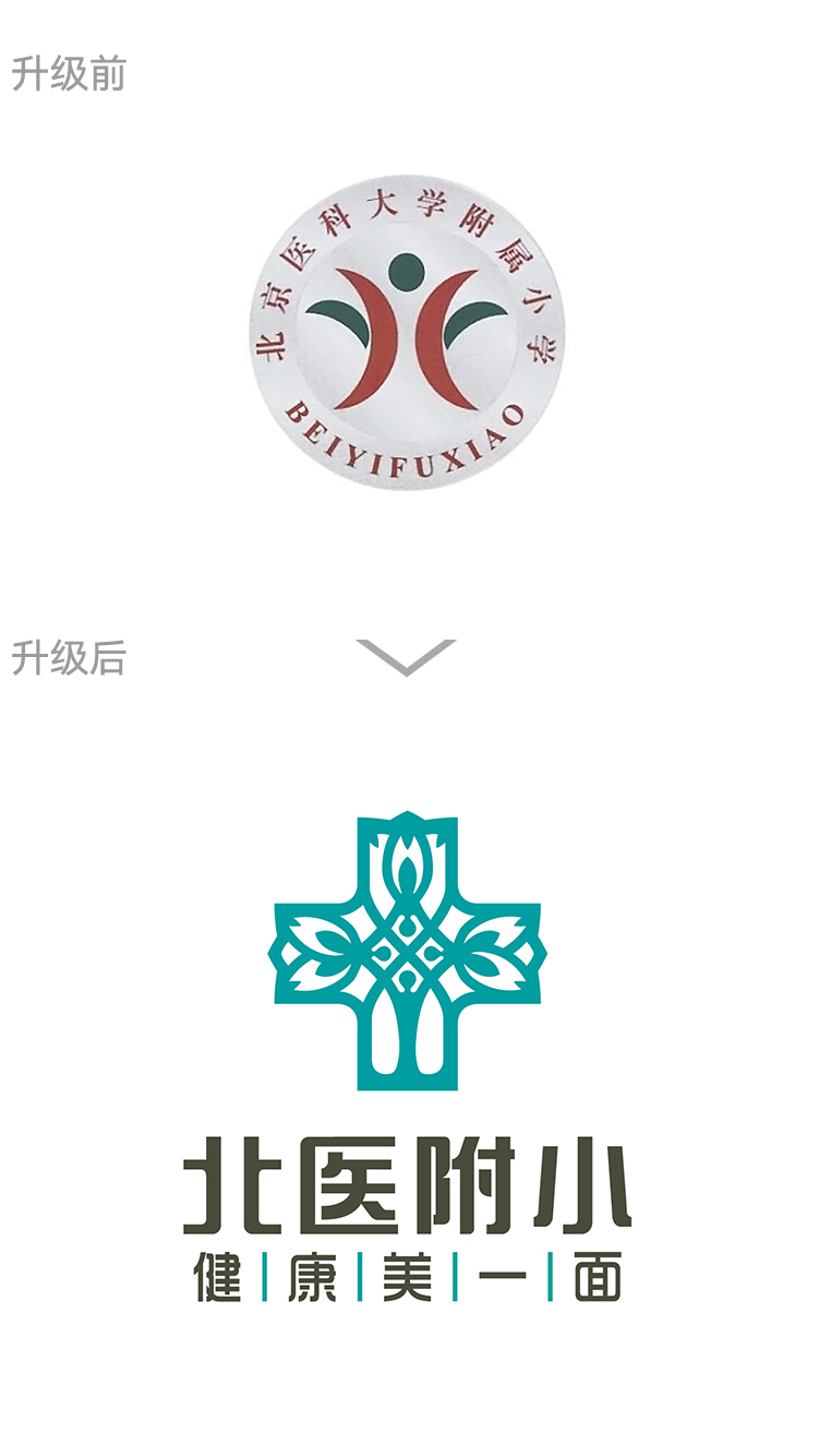 北医附小校徽升级前后对比,旧徽更新为蓝色十字造型新标识,学校校徽设计