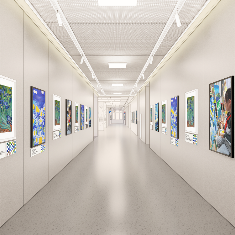 校园艺术长廊效果图,明亮白色走廊两侧悬挂画作展框,校园文化环境建设