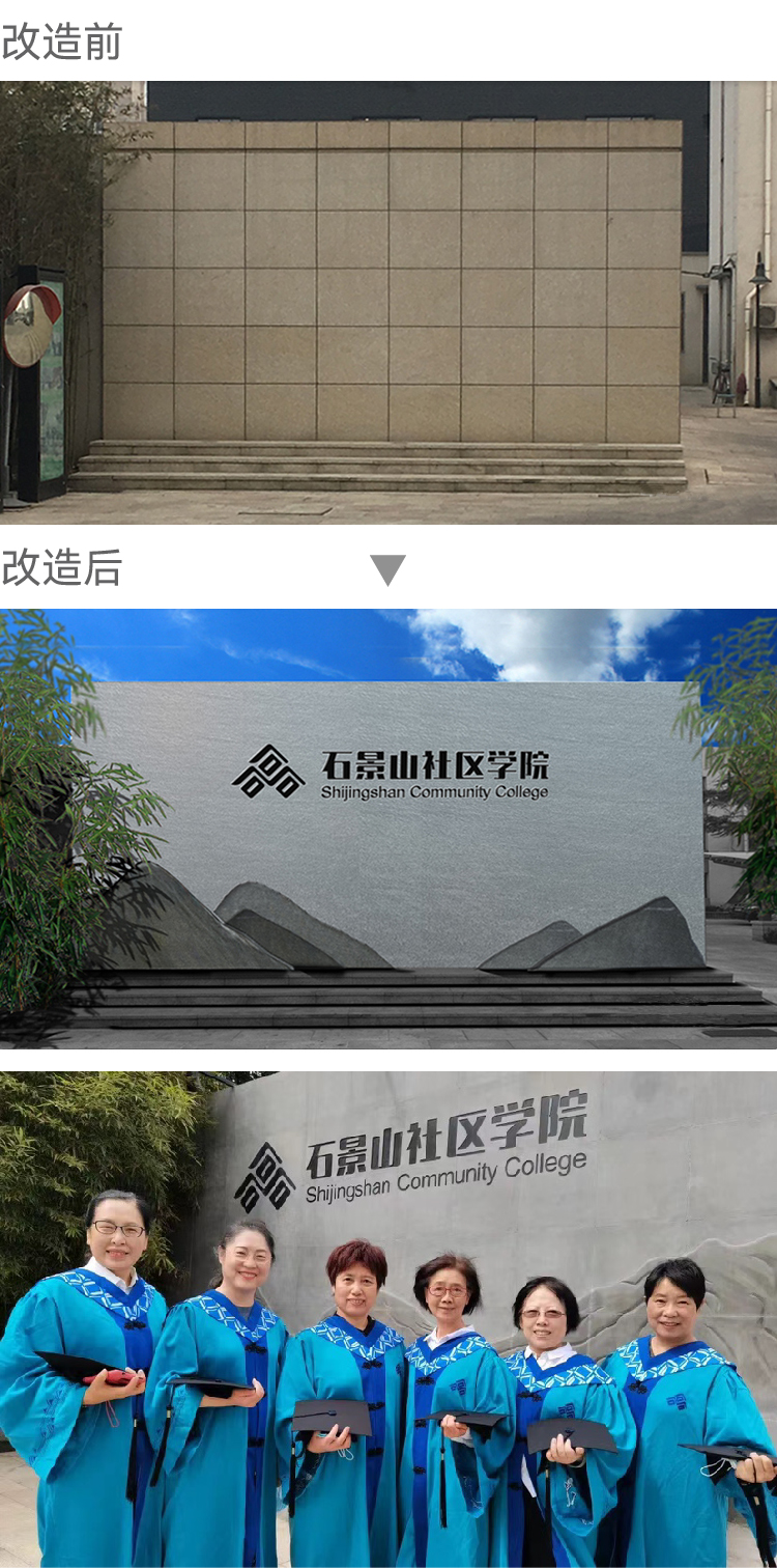 石景山社区学院环境改造前后实景与师生合影竖排,校园文化环境建设