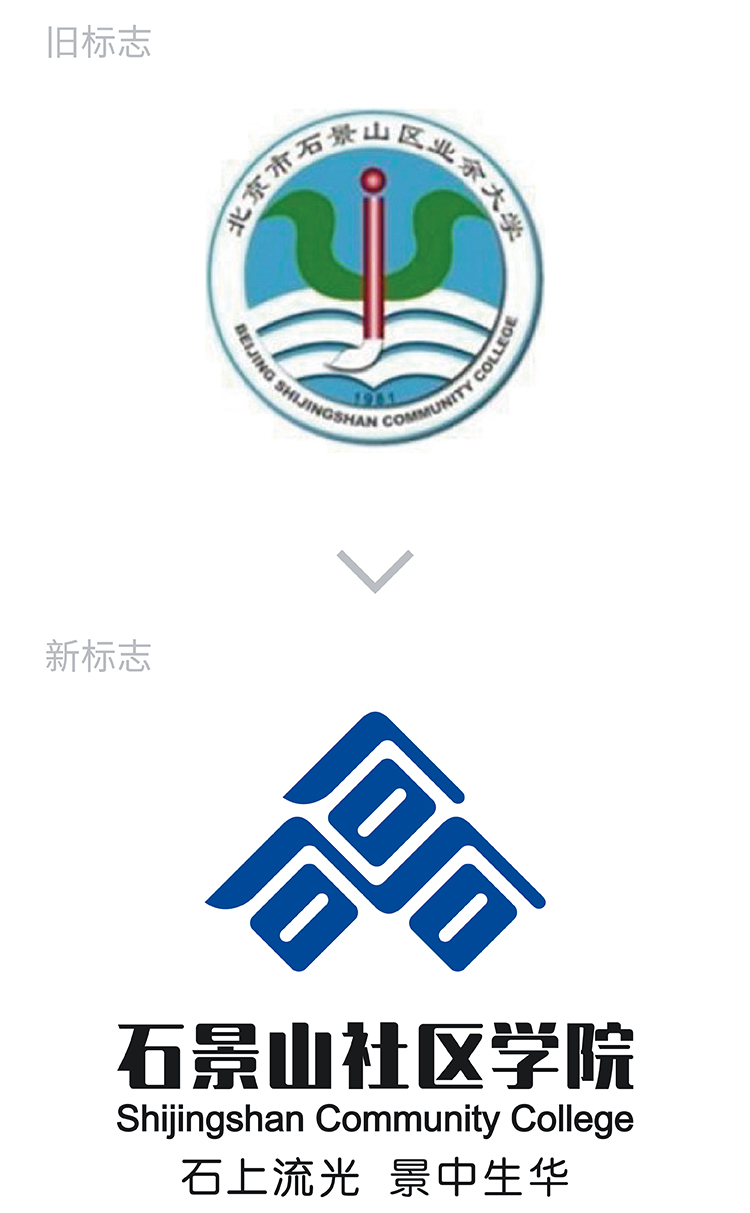 石景山社区学院院徽升级前后对比,旧绿徽更新为蓝色山石标识,教育品牌logo设计