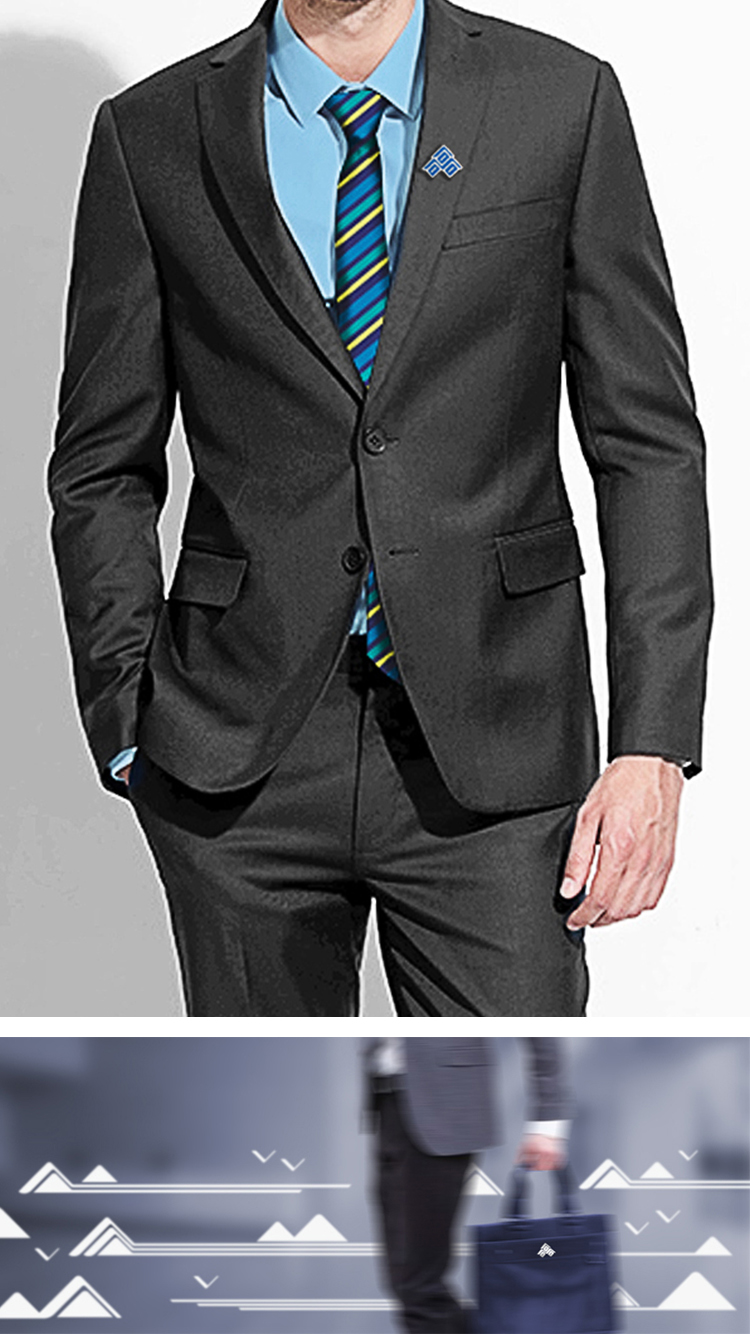 石景山社区学院品牌服装竖排,胸针logo黑色西装与蓝色山形图,教育品牌VI设计