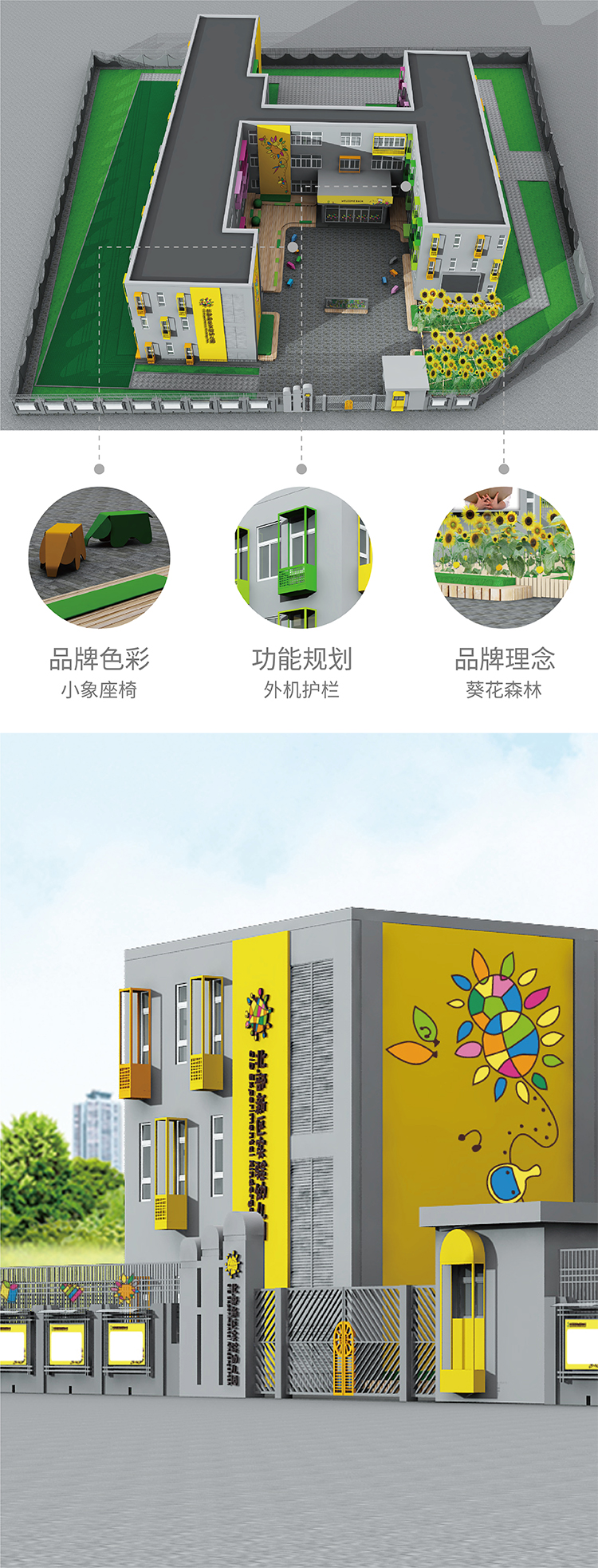北部新区实验幼儿园建筑外立面改造效果图竖排，彩色园所造型，校园环境建设
