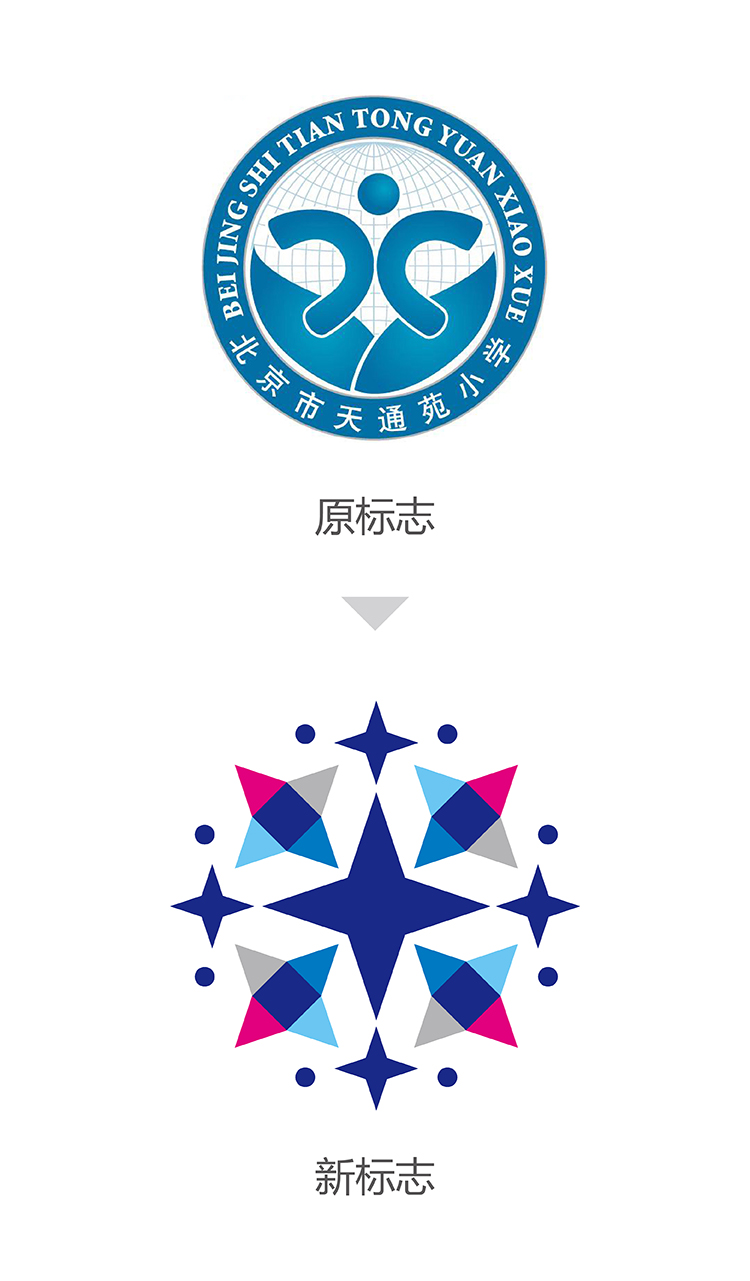 灯市口小学校徽升级前后对比，旧徽更新为星形彩色标识，满天星教育品牌设计