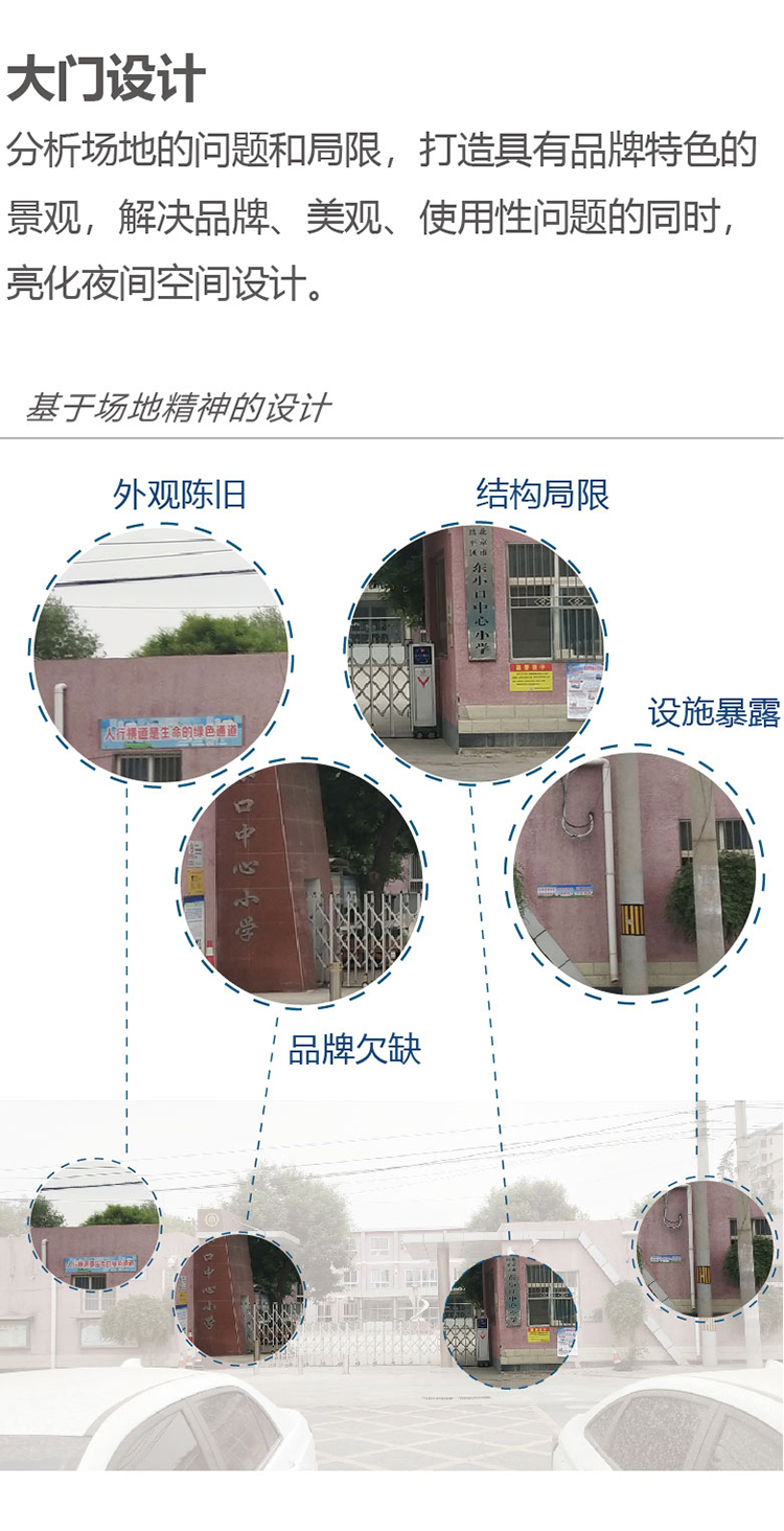 灯市口小学西校区大门设计方案，配门头细节实景照片，星空主题校园环境建设