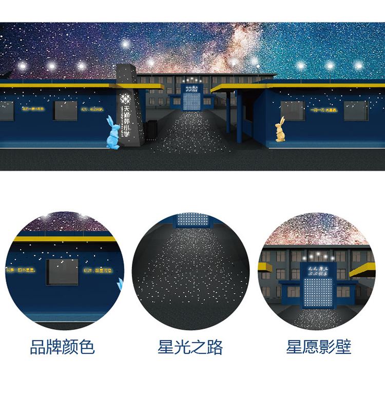 灯市口小学品牌色与星光之路星耀影壁环境元素，满天星文化环境建设