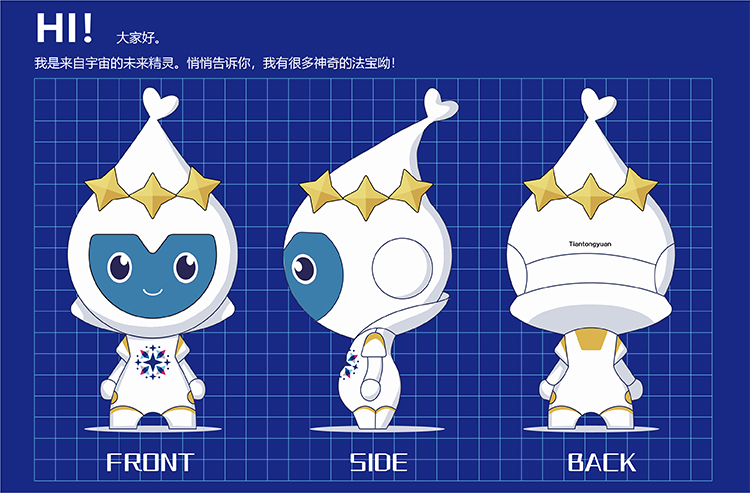 灯市口小学星精灵吉祥物正侧背三视图,蓝色网格展示造型,吉祥物IP设计