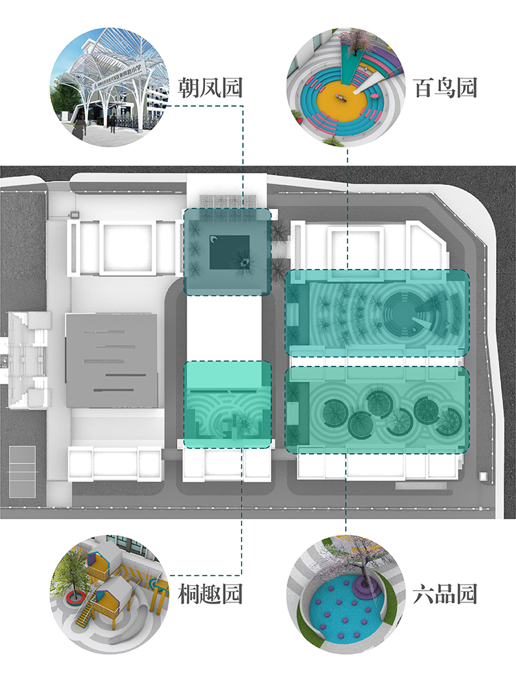 朝凤路小学校园总平面规划图，标注百鸟园六品园桐趣园等景观，校园环境建设