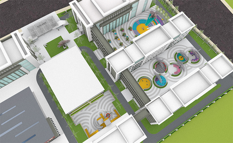 朝凤路小学校园航拍3D效果图，整体布局与各主题园景，校园环境建设