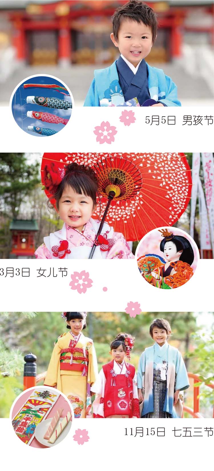 日本传统氛围儿童节庆祝照片竖排，孩子身着节日服饰，跨文化儿童节