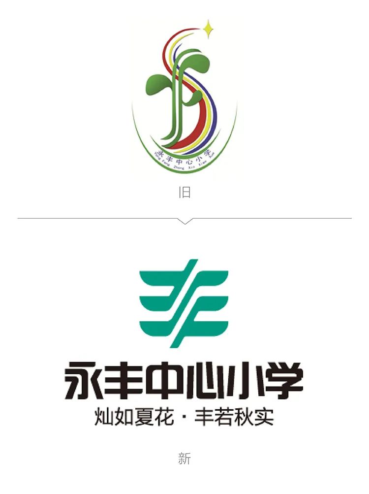 北京海淀永丰中心小学绿色丰字校徽，配始于眼前一万为丰理念，校徽设计