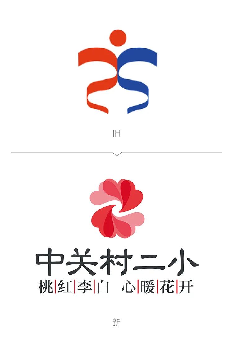 北京海淀中关村第二小学彩色桃花校徽，桃红李白心暖花开理念，校徽设计
