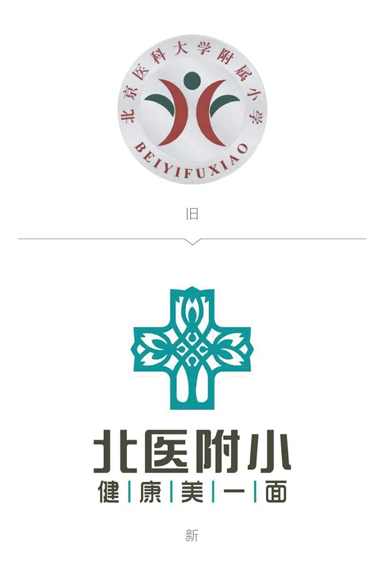 北京医科大学附属小学校徽，蓝色十字与表盘造型，校徽设计