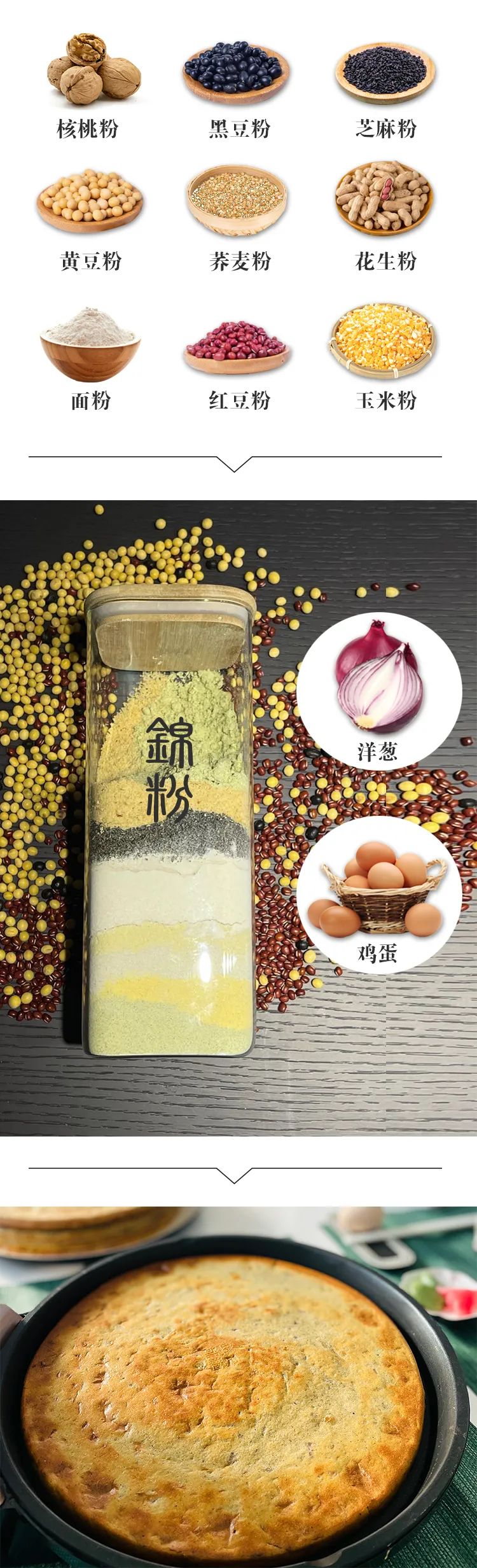 锦连环健康早餐五谷杂粮粉介绍长图,含多种杂粮粉杂粮罐与杂粮饼