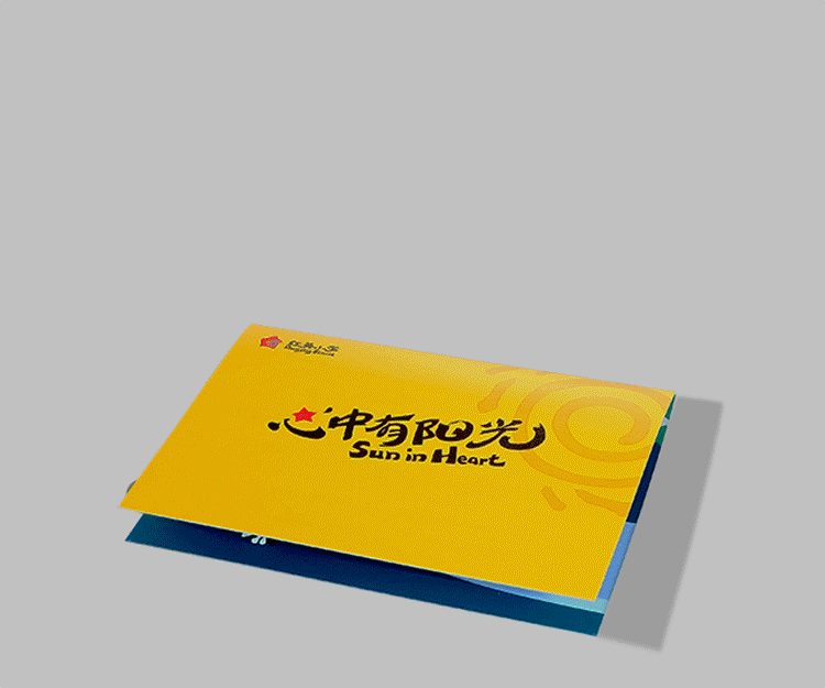 红英小学折页印刷品设计,蓝黄国风插画的对开宣传册展示