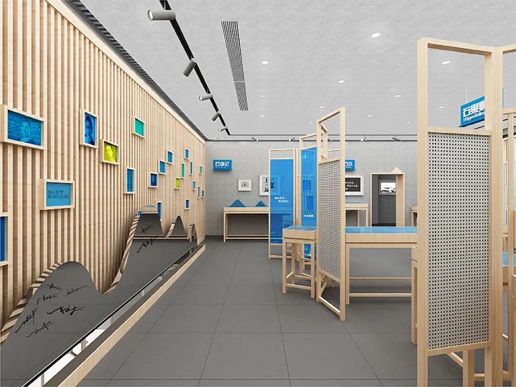石景山社区学院校史馆室内走廊，木格栅墙面与展陈空间设计