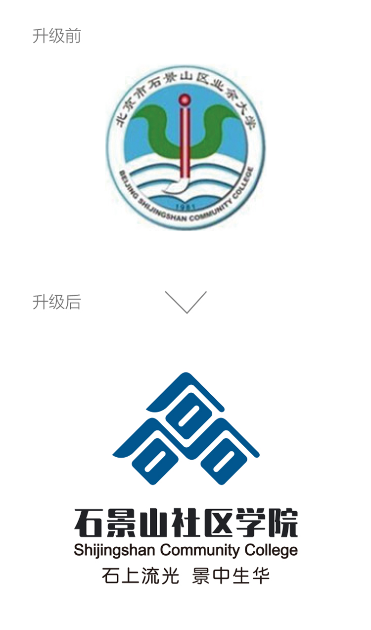 石景山社区学院校标升级前后对比,旧版圆形徽标更新为山峦造型新标识