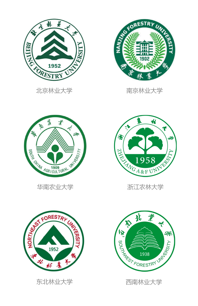 林业农林类高校绿色校标对比,北京林业大学等院校徽标设计展示
