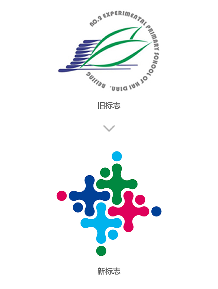 海淀实验二小校标升级对比，绿色叶形旧标更新为彩色“+”组合新标