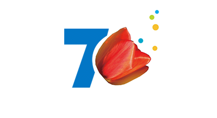 丰台五小70周年纪念标志，数字70融合郁金香花朵造型，蓝黄活力配色，校徽设计