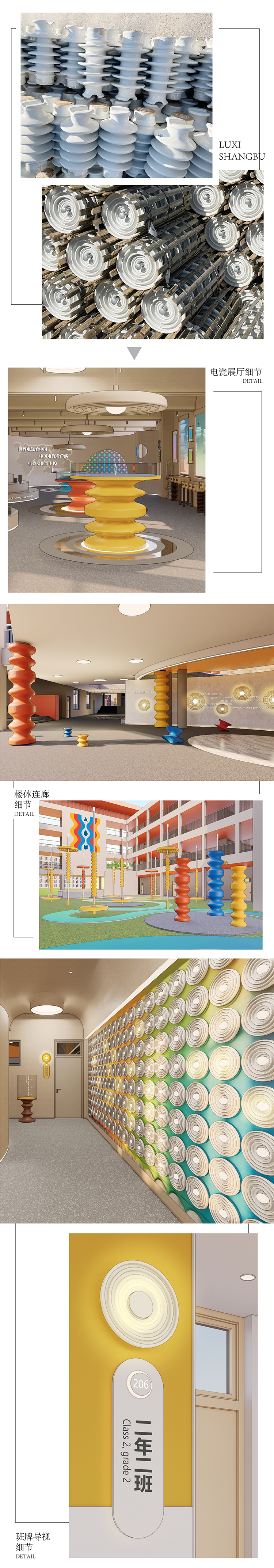 上埠镇中心学校电瓷文化设计组图,电瓷绝缘子产品特写与电瓷主题展厅、楼体连廊造型,文化环境建设