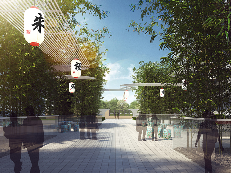 郑州龙飞中学校园朱字灯笼廊架景观设计,竹林步道校园环境建设场景