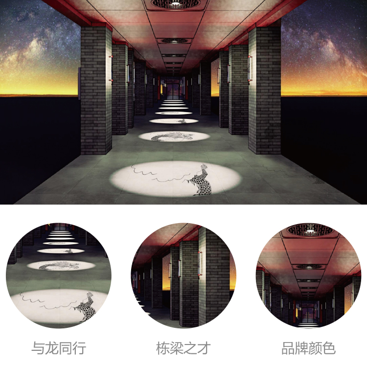 郑州龙飞中学红色品牌色连廊设计效果图,栋梁列柱与光影通道校园文化场景