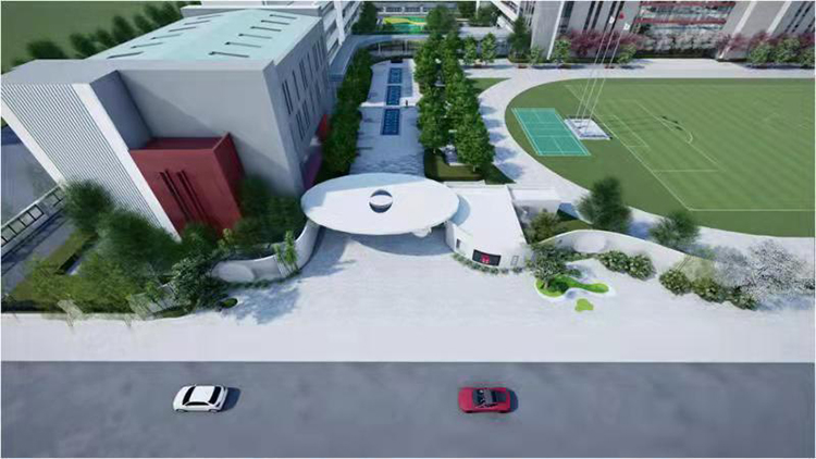 郑州龙飞中学校园鸟瞰效果图，环形广场水景与教学楼整体环境建设布局