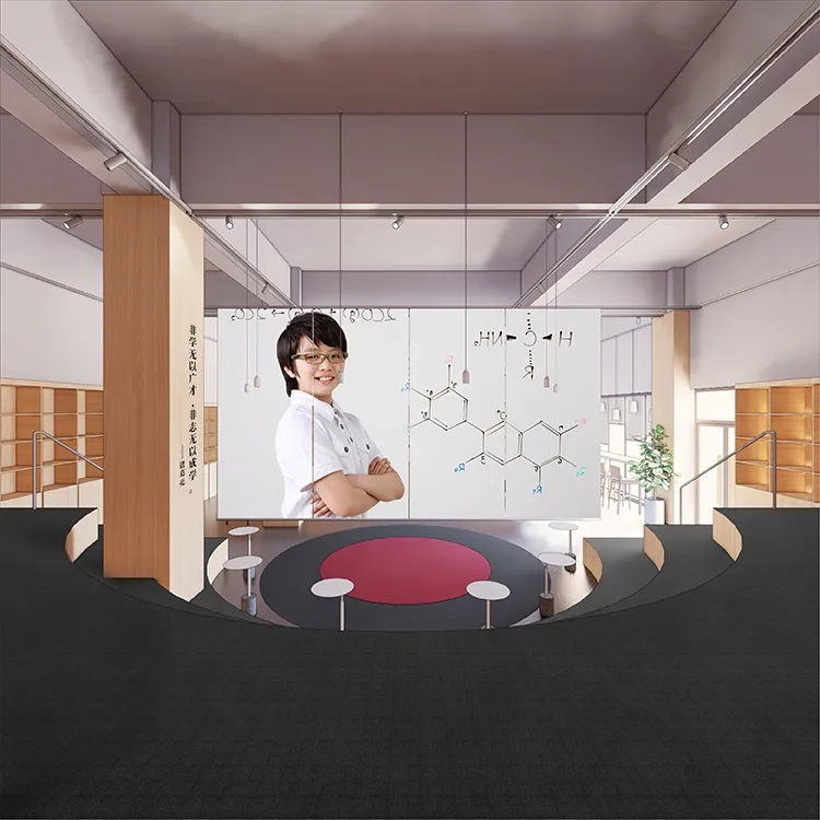 郑州龙飞中学科学探究空间设计效果图，分子结构图墙面与圆形讨论坐区