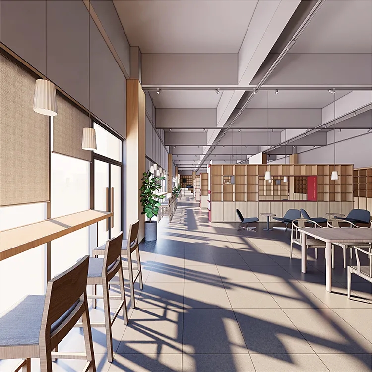 郑州龙飞中学公共学习区设计效果图，采光长廊与桌椅环境建设场景