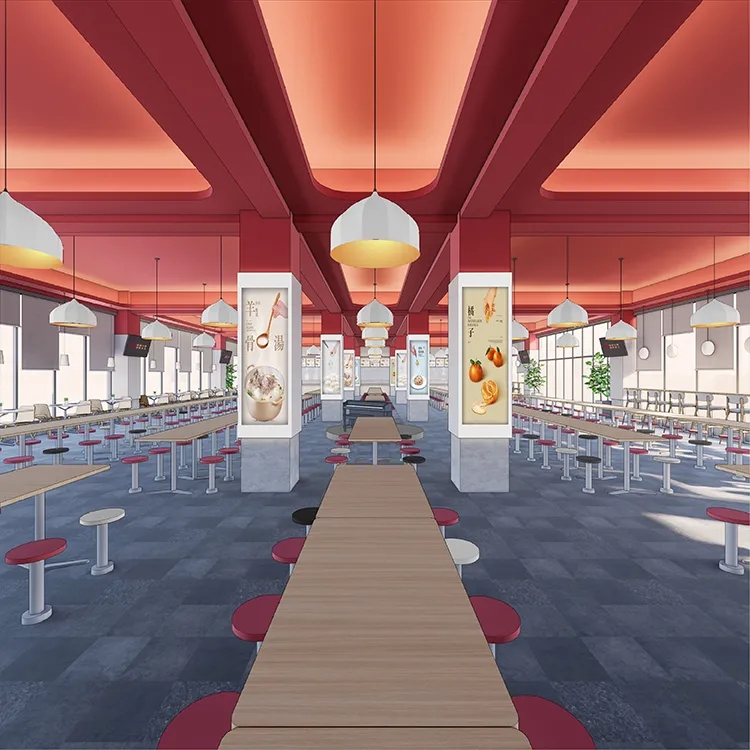 郑州龙飞中学餐厅设计效果图，红色横梁吊灯与成排餐桌就餐环境建设