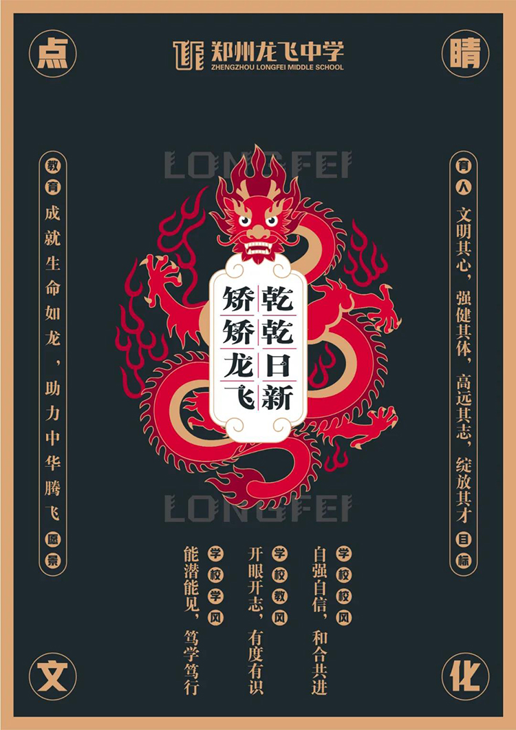郑州龙飞中学文化点睛主海报，红色腾龙与乾乾日新矫矫龙飞校园文化体系