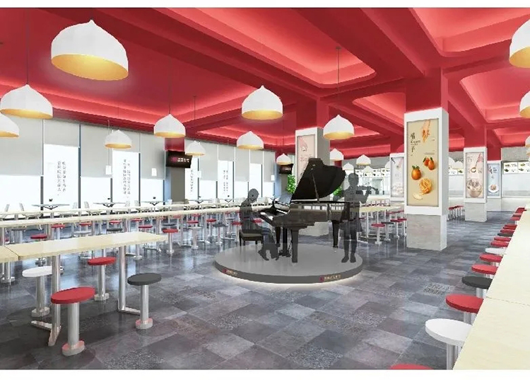 郑州龙飞中学餐厅设计效果图,红色顶面吊灯与就餐区文化环境建设