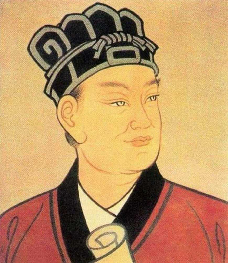 东汉蔡伦彩绘画像头戴官帽身着红袍，呼应锦学苑纸上乾坤造纸术文化主题