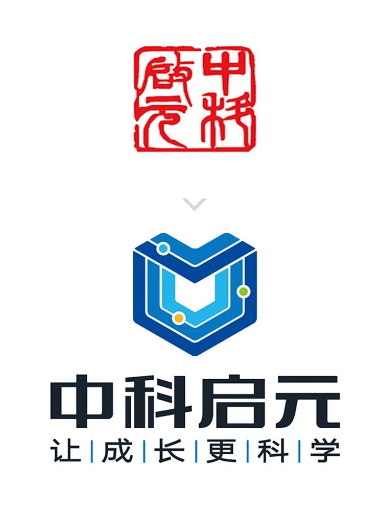 中科启元学校蓝色书本盾形校徽，让成长说科学，锦连环校徽设计案例