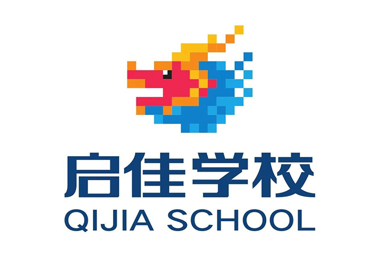 启佳学校彩色像素鱼形校徽设计，锦连环教育品牌设计案例
