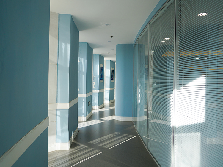新英才学校玻璃隔断走廊空间实景，锦连环校园环境建设