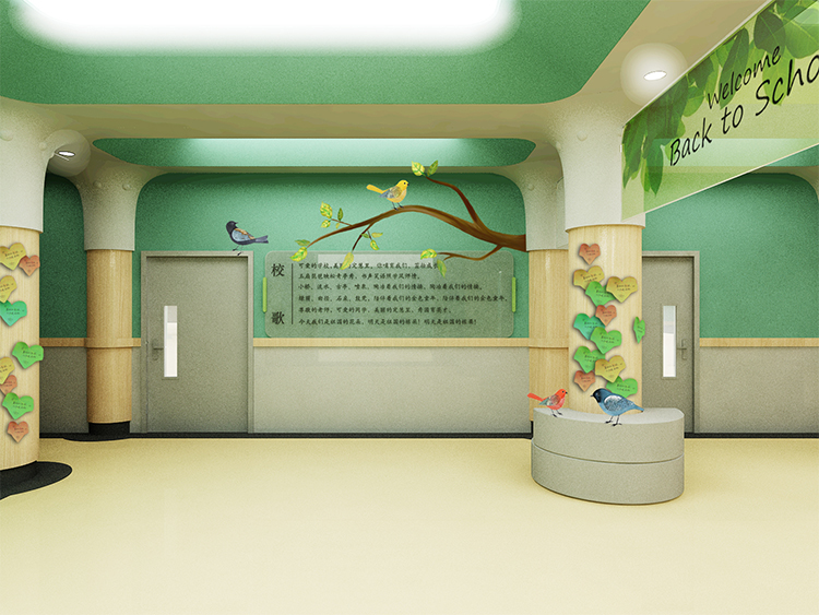 定慧里小学绿色墙面大厅展示空间效果图,锦连环校园文化环境建设