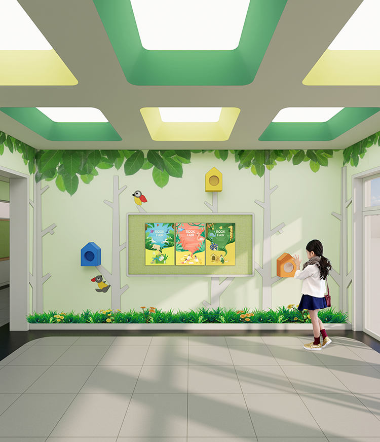 定慧里小学绿植墙室内活动空间与孩子效果图,锦连环校园环境建设