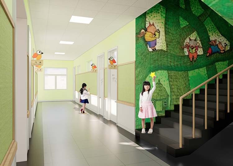 定慧里小学走廊绿色文化墙与楼梯效果图,锦连环校园文化环境建设