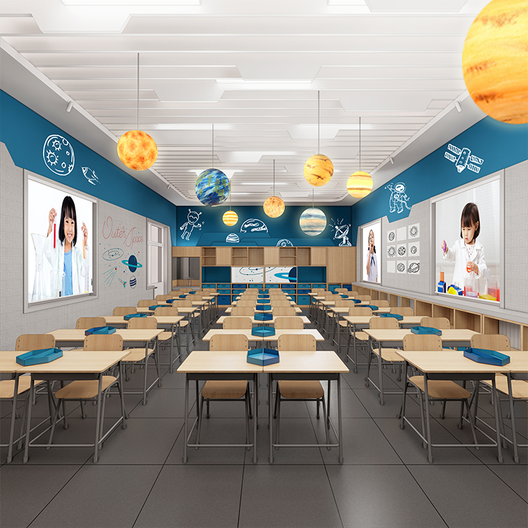定慧里小学蓝色吊顶餐厅彩色效果图,锦连环校园环境建设