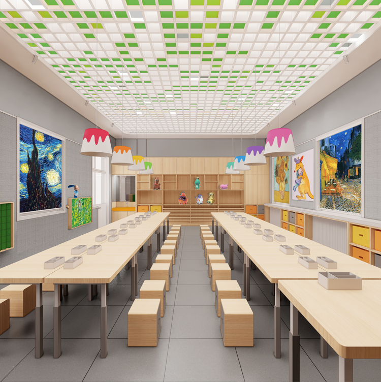 定慧里小学绿色格栅吊顶餐厅彩色效果图,锦连环校园环境建设