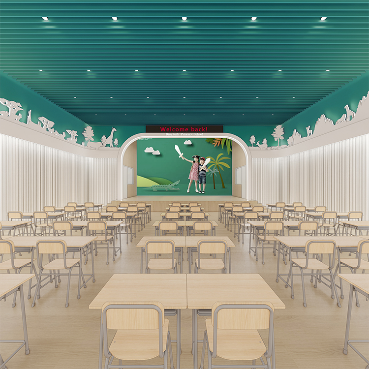 定慧里小学蓝绿吊顶报告厅彩色效果图,锦连环校园环境建设